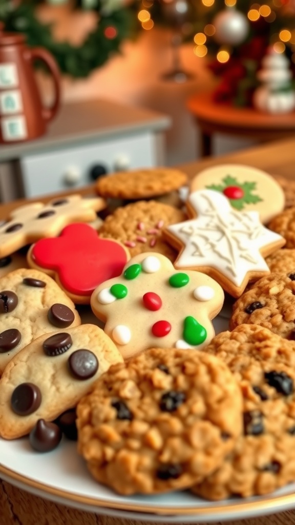 An assortment of colorful cookies on a decorative plate, perfect for a cookie swap gathering.